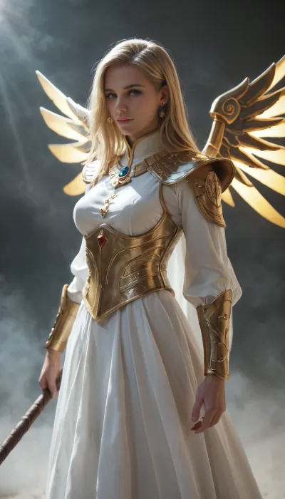 realistic Mercy from Overwatch as a Dungeons and Dragons Life Domain cleric in battle, fierce and radiant, wearing white and gold robes with glowing runes, silver and golden armor accents, long blonde hair flowing in divine light, wielding a radiant staff crackling with holy energy, raising her hand as beams of golden sunlight descend to heal allies, standing in a ruined battlefield surrounded by smoke and light, aura of divine protection and wrath, cinematic photorealism, ultra-detailed textures, dramatic lighting, volumetric light, ray tracing reflections, epic composition, depth of field, highly detailed environment, 8k, masterpiece, best quality