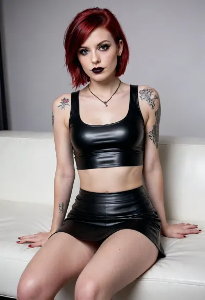 Punk woman, small breasts, medium/short dark auburn/red hair, glossy black vinyl tank top and short skirt, midriff, sitting languidly on a white couch, pale skin, black lipstick, seductive pose, white background, sexy, suggestive, tattoo on chest