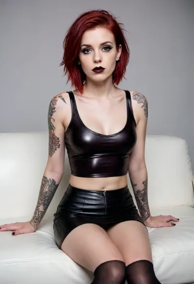 Punk woman, small breasts, medium/short dark auburn/red hair, glossy black vinyl tank top and short skirt, midriff, sitting languidly on a white couch, pale skin, black lipstick, seductive pose, white background, sexy, suggestive, tattoo on chest