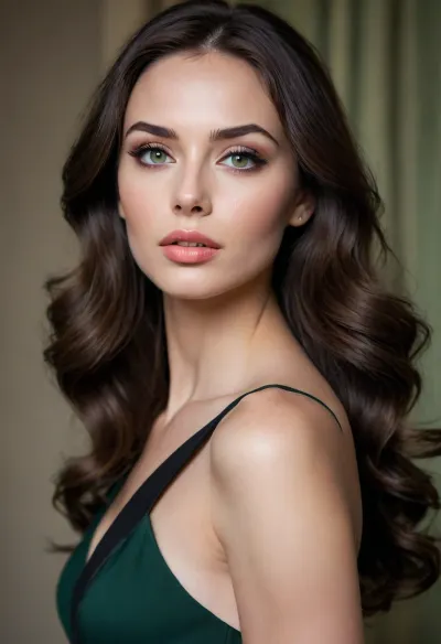 Gorgeous woman, long dark brown wavy hair styled elegantly, warm skin tone, light grayish-green eyes, defined eyeliner, soft peach-toned lipstick, elegant black dress, defined facial structure, sharp features, thin face, defined cheekbones, high cheekbones, impression of beauty and sophistication, defined lips, full lips
