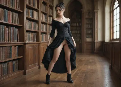 35 years old woman, beautiful face, medium body, medium breasts, medium ass, pale skin, black hair, hair in bun, legs open, Victorian dress pulled up to around waist, black stockings, black ankle boots, standing. Full length view, Luxurious library room.
Realistic, photographic image, detailed image