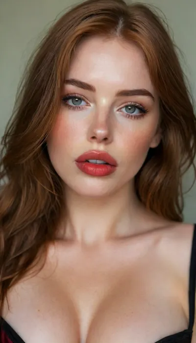 zip realism, half body shot, upper body in frame, (22yo, intimate sensual esthetic, offset composition), (seductive sensual expression, sensual gaze, teasing look, fuck me face, soft teasing smirk:1.2), deep green eyes, (f/2.8, shallow depth of field, subtle bokeh), (loose closeup shot, view from side, focus on lips:1.8), (sleek glossy red hair, straight long hair, hair obscuring face, light full eyebrows:1.4), (slender athletic body), (soft pillowed lips:1.6), (big lips:1.5), (big dick sucking lips:1.5), (plump lips:1.4), (moist lips, vibrant red lipstick:1.4), (natural skin texture, long thick eyelashes:1.2), (udmurt facial features:1.3), (no make up:1.3), (cozy bedroom), (large teardrop breasts, soft breasts, pale nipples:1.4), (big breasts in a corset:1.5), (big tits:1.5), (strong defined jawline, large expressive eyes, catchlights), igbaddie, <lora:igbaddie-XL:.4>, <lora:style_lora_realis:.8>