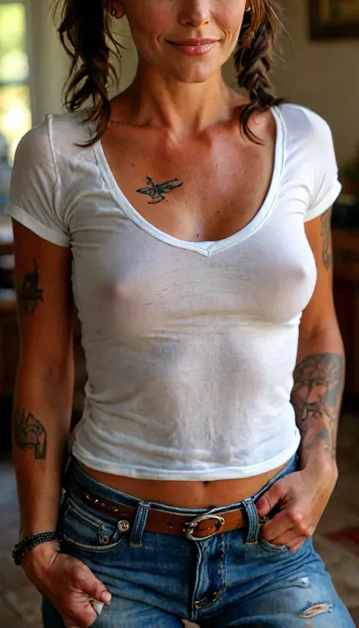 Gorgeous 40-year-old brunette MILF, medium breasts, short brown hair in two very tight pigtails, tan lines, tattoos, moist lips, long eyelashes, makeup, mascara and eyeliner, triangular face, strong eyebrows, white tee shirt, cut-off jeans, cowboy boots, sexy confident smile, eye contact, extremely wide areolae and big puffy erect nipples under her shirt, realistic natural skin, but, braless, Wearing, clothes, that, make, sense, with, Braless>, <lora:MJ52:2>, <lora:add-detail-xl:2>, <lora:BUT_SDXL_SHS:.3>, <lora:bralessSDXL_v1_00022:.3>