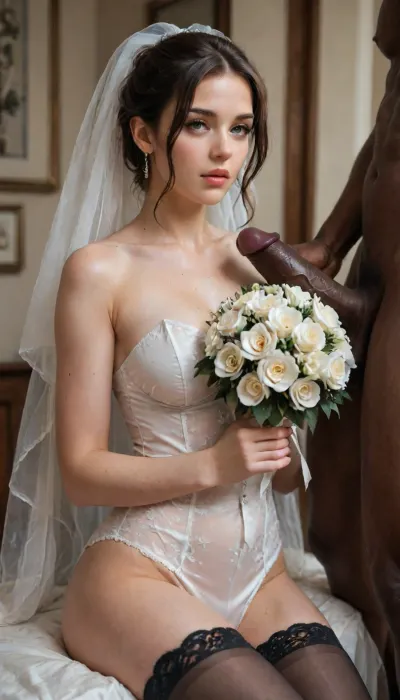 interracial, large black cock, BBC, very large black cock, giant black penis, Fine art nude of Iranian bride holding a white bridal bouquet in front of her chest, wearing only black lace stockings and a silk ribbon around her waist. Her groom kneels beside her, holding her hand, eyes locked in intimate connection, <lora:Super_Eye_Detailer_By_Stable_Yogi_SDPD0:.4>, <lora:b8174d41-8ba7-4318-bc14-53ee7e353d91.TA_trained:.9>, <lora:LCMTurboMix_Euler_A_fix:.8>