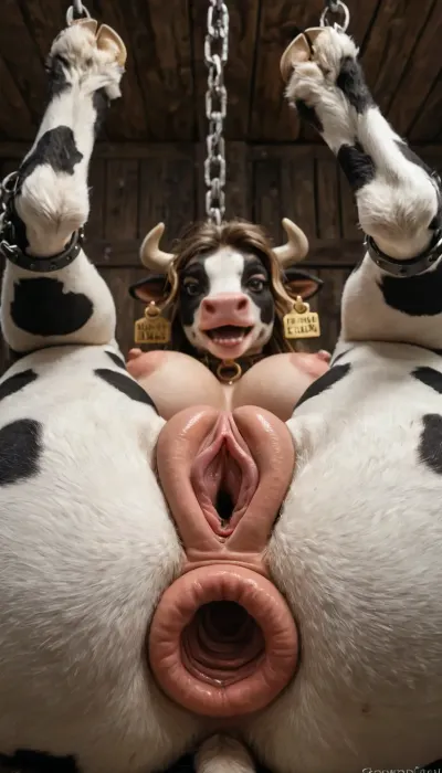 Close-up, happy, furry cow, (((zoo furry cow porn))), (((spreaded hollow cow pussy 5.9))), possing, skinny 1.8, frontal view, pussy, gigantic cow, huge tits 8.5, skinny 5.8, (((fat enorm extreme spread hollow pussy 5.5))), gape5 .8, (((cow pussy spread 5.9))), huge tits, (((Long labia 5.5))), (((Gaped hollow anal hole 4.9))), cow porn, (((Long clit 1.5))), big fat tits, (((extremelly pussy spreaded 2.9))), pussy view from underneath close up, (((womb deep view 3.0))), ((Perfect vaginal anatomy)), (((pussy perfection))), (((vaginal cavity extremelly deep 2.0))), (((enormus giant cow vagina 7.5))), (((size diference 2.0))), white light laboratory background, bondage tied chained open legs up