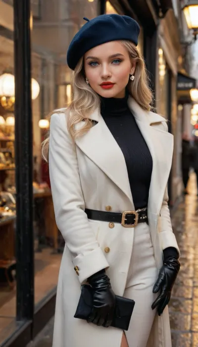 (score_9, score_8_up, masterpiece, best quality, highres, photorealistic, ultra-detailed), 1girl, 23-year-old nordic supermodel named Astrid Nyholm, tall statuesque slim curvy body, porcelain fair flawless skin glowing softly, long silky platinum blonde straight hair with middle part waist-length, forehead smooth and high, defined light brows, bright blue almond eyes with long curled lashes, smokey silver-blue eyeshadow, mascara, double eyelids, flushed cheeks with blush, oval face, glossy full red lips with beauty mark near lips, small pointed chin, sharp jawline, white even teeth, soft smile, long slender neck wrapped in silk patterned scarf, straight shoulders, visible collarbones under coat, slim toned arms in black leather gloves, proportional elbows, delicate wrists with silver bracelet, elegant hands holding a clutch, polished manicured nails hidden in gloves, large natural round breasts concealed under coat, toned flat stomach, narrow waist, wide hips, round ass, long slender legs in tailored trousers, proportional knees, toned thighs, slim calves, delicate ankles, elegant feet in white knee-high heeled boots, smooth heels, wearing long white cashmere coat with fur collar and golden belt, black leather gloves, silk scarf, beret hat with pearl pin, diamond stud earrings, confident elegant posture, one hand adjusting scarf, romantic European city street at night, golden shop window lights, glowing street lamps, light snow falling, wet cobblestone reflections, cinematic HDR lighting, ultra-detailed textures, sharp focus, <lora:PerfectEyesXL:1>, <lora:Microwaist_XL_v01:.8>, <lora:Beautify-Supermodel-SDXL:1>, <lora:xl_more_art-full_v1:.8>, <lora:add-detail-xl:.8>