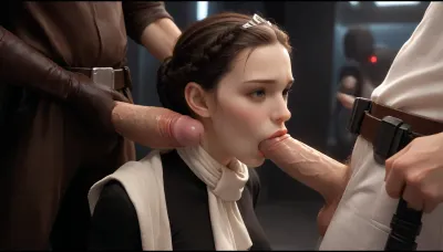 Cartoon, masterpiece, best quality, high resolution, hires, score_9, score_8_up, score_7_up, score_6_up, (Padmé Amidala:1.4), stocky body, medium breasts, perky pointed gumdrop nipples, tight white outfit with a Grey belt, large white scarf around neck, blaster gun holster, horny expression, breasts exposed, on knees, getting tied up by Star wars battle Droids, star wars battle Droids are capturing Padmè, blowjob, (tied up, captured, tied up in a star wars Droid factory), battle Droids from star wars surrounding padmè, gigantic thick vainy penis's, at night, faint red lighting, dark lighting, detailed background, close up, ratatatat74 art style, incase style, p4dme, woman, long, wavy, hair, blue, night, garb, white, uniform, chignon, coat, naboo, corset, braid, ponytail, tiara, 7-B2, <lora:287175_training_data:1.4>, <lora:ratatatat74-000050:1.4>, <lora:padme amidala - p4dme woman:1.4>, <lora:B2 Droid SDXL v1.0:1.4>