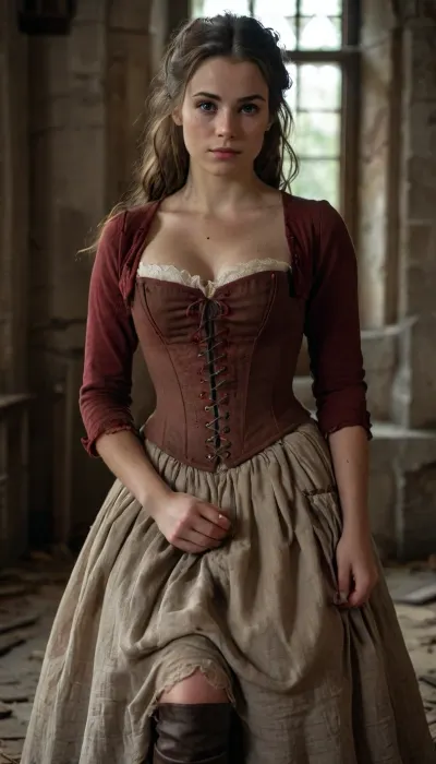 18th century, realistic, realistic proportion, realistic body woman, caucasian, 25 year old, long linen skirt, brown linen corset with lace, Brown leather boots, red jacket, proud, ruined chapel, brown detailed eyes, sitting 3/4 view, very slight smile, hands crossed on her knees, perfect face, perfect body, perfect fingers, perfect hand, chiaroscuro, candle, raw, detailed, eyes, perfect, freckles, skin, texture, photorealistic, <lora:580159_training_data:.8>, photo, in, phst, artstyle, <lora:SDXL1.0_Essenz-series-by-AI_Characters_Style_BetterPhotography-v1.2-'Skynet':.8>, <lora:CinematicStyle_v1:.8>, <lora:epicNewPhoto:.8>, <lora:style_lora_realis:.8>
