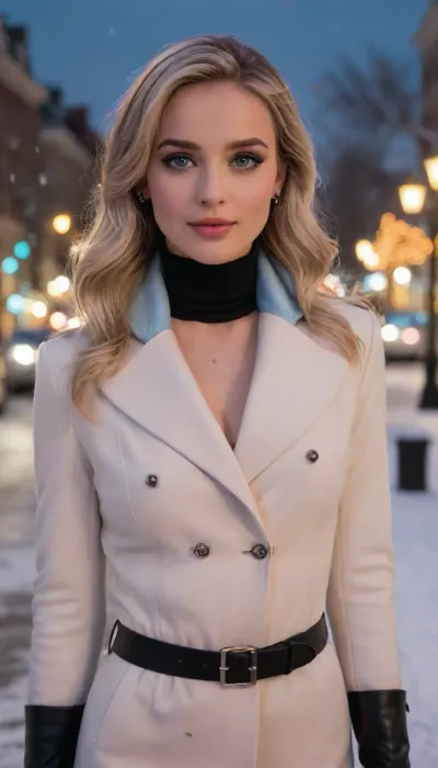 (elegant winter fashion photoshoot), (score_9, score_8_up, masterpiece, best quality, highres, photorealistic, ultra-detailed), 1girl, 19-year-old nordic supermodel named Astrid Nyholm, tall statuesque slim curvy body, youthful porcelain fair flawless skin glowing brightly, long silky platinum blonde straight hair with middle part waist-length, forehead smooth and high, light defined brows, bright sparkling blue almond eyes with long curled lashes, shimmering smokey blue eyeshadow, double eyelids, delicate straight narrow nose with small nostrils, high cheekbones, soft rosy cheeks, oval face, glossy full pink lips with beauty mark near lips, subtle gloss makeup, small pointed chin, sharp but soft jawline, white even teeth, elegant smile, long slender neck wrapped in soft scarf, straight shoulders, slim toned arms inside coat sleeves, proportional elbows, delicate wrists hidden in gloves, elegant hands inside black leather gloves, polished nails invisible, large natural breasts under coat, toned flat stomach, slim waist, wide hips, long slender legs, proportional knees, toned thighs, slim calves, delicate ankles, elegant feet in heeled leather boots, wearing luxurious white cashmere coat with belt, light blue wool scarf, black leather gloves, silver earrings, pearl necklace, matching designer handbag, youthful confident posture, relaxed facial muscles, soft smile, glowing expression, outdoor winter city square, glowing holiday lights, decorated trees, snow falling, reflections on wet pavement, cinematic HDR blue-white lighting, ultra-detailed textures, sharp focus, <lora:PerfectEyesXL:1>, <lora:Microwaist_XL_v01:.8>, <lora:Beautify-Supermodel-SDXL:1>, <lora:xl_more_art-full_v1:.8>, <lora:add-detail-xl:.8>