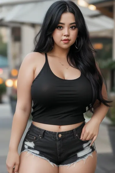 Long, messy black hair, chubby, wearing a short, sleeveless shirt with a large neckline that highlights the beauty of her large breasts, She wears black shorts that show off her full thighs.