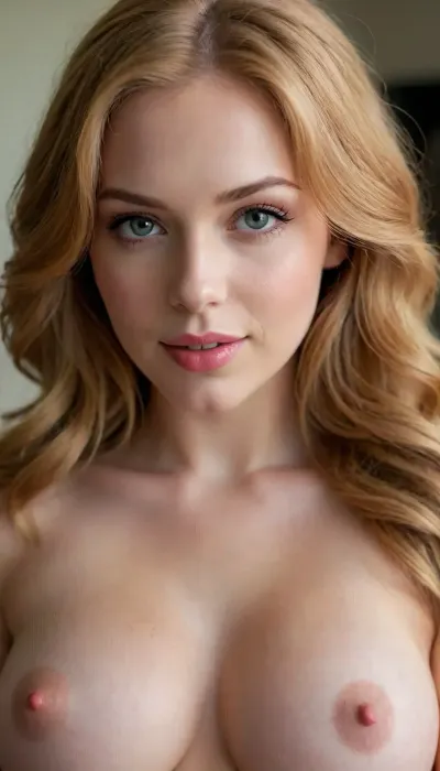 A dazzlingly beautiful young woman with long, wavy, strawberry-blonde hair, smooth, flawless skin, expressive amber eyes, full lips, a captivating smile, and a curvaceous hourglass figure with firm, natural breasts and attractive buttocks.

From behind and spreading her anus, full body.