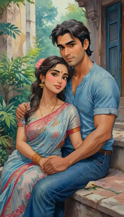 A romantic hand-drawn illustration of an Indian couple, (one male and one female couple), on streets of modern america. Close-up view, sitting together on steps outdoors. The woman is wearing an elegant saree, with large breast, large cleavage, voluptuous body type, stylish hair style. and the man is dressed casually in a t-shirt and denim jeans. They are sitting together playfully, looking directly at the viewer with joy, happy expressions. The man has his arms wrapped around her neck in a tender embrace, and the woman’s face is breathtakingly beautiful, radiating grace and charm. Their connection is deep and genuine, with the woman exuding beauty and serenity. romantic, poetic, artistic, gufeng influence, ink and wash textures, Saree, Indian, ac_neg1, Influencer, Model, j_cartoon, <lora:transparent-saree:.8>, <lora:sdxl_vae:.8>, <lora:J_cartoon:1.2>, <lora:detailed_notrigger:1>, <lora:Sattar_Bahlulzade:2>