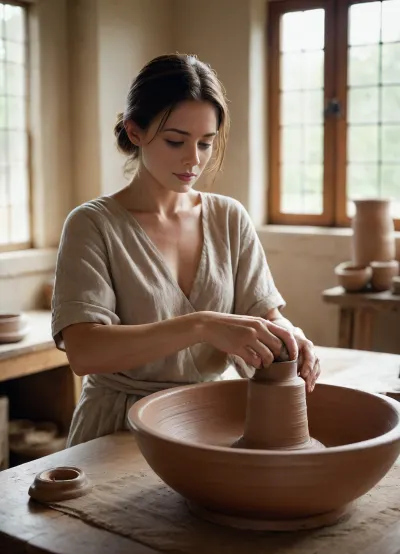 A fine art color photograph of a woman at a pottery wheel in a quiet studio. She is draped in a loosely wrapped linen cloth that covers her body in a natural, timeless way. Soft natural light streams through a high window, creating warm highlights and deep sculptural shadows. The wet clay glistens under the light, mirroring the organic textures of the linen. Shot on medium format film with a shallow depth of field, the focus rests on her hands shaping the vessel while the background falls into a gentle blur. The mood is intimate and timeless, balancing strength, vulnerability, creation, and form.