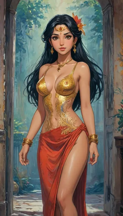 A hand-drawn illustration of an Indian women, Character, Voluptuous Indian woman, glowing golden-brown skin, breathtakingly beautiful face.

Cosplay / Outfit, Sexy Boa Hancock – One Piece — long red qipao-style dress with golden dragon patterns, high slit revealing T-shaped navel, deep V-neck showing cleavage, fitted waist, flowing train at the back, red high heels.

Hairstyle, Long black hair styled exactly like Boa Hancock in the anime — straight, center-parted with the characteristic length reaching the waist.

Pose, Standing with one leg forward, torso slightly twisted, one hand on hip, the other lightly brushing hair back flirtatiously, head slightly tilted.

Expression, Playful flirty smile, eyes sparkling, lips slightly parted teasingly.

Camera Angle, Eye-level three-quarter view, full-body shot capturing cleavage, waist, and legs clearly.

Body Features, Large breasts pressing against dress, subtle cleavage, toned waist with visible navel, shapely legs, perfect anthropometry.

Accessories, Navel piercing, gold hoop earrings, subtle bold makeup with glossy lips, gold bracelets on wrists, (anime-accurate), .

Background, Bright minimalistic palace interior with soft pastel tones and faint abstract patterns, keeping focus on her., <lora:J_cartoon:1>, <lora:detailed_notrigger:1>, <lora:Sattar_Bahlulzade:1>