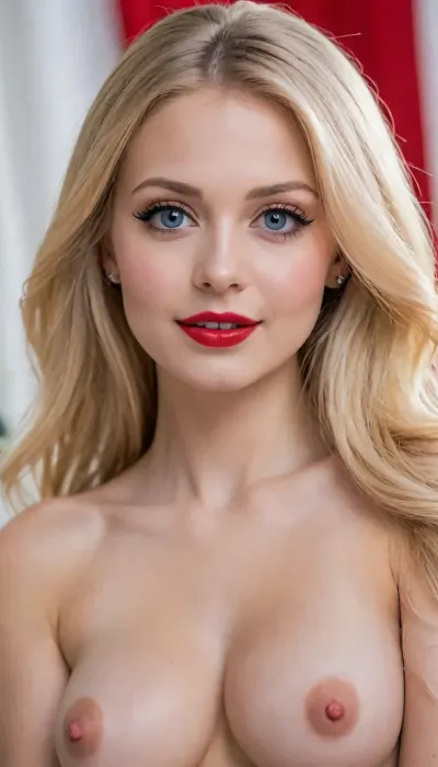 Barbie style, Naked girl, Girl long shot on full body and legs, High Key Lighting, photography, bright colors, best quality, show clear focus, Looks to the viewer, yong face, long hair, very long blonde hair, ((long hair:1.3)), blonde hair, blue eyes, smile, cute, skinny, flat breast, very small tits, red lips, make up, red lipstick, black eye liner, red manicure, black Eye shadow, mascara., nipples, <lora:JJsNightMarket_XL:.5>