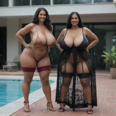 two 40 year old woman, two woman, very tall woman, large waist area, (two tall and large thigh curvy woman:1.7), very healthy tits, (dark skinned woman:1.3), wide hips, (big saggy breasts:1.5), round buttocks, (smiling:1.3), chubby, (Layers for Straight black Hair:1.4), full lips, full length, (They are wearing sexy different lace dresses:1.8), sexy, (sexy large cleavage area:1.6), laugh out loud, Casual, not nude, not naked, (bridal garter:1.4), Walking on the poolside, Casual poolside walk, Strolling along the poolside, poolside walk, Their face is looking at the viewer, eyes looking at the viewer