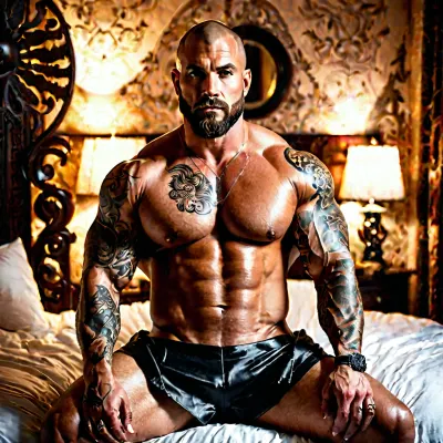Ultra-realistic boudoir portrait of a massive, muscular man with tattooed chest, arms, and thighs. Strong shaved head, trimmed beard, commanding gaze softened by intimacy. Outfit, dark satin robe hanging loosely off his shoulders, black shorts barely visible beneath, tattoos detailed and visible. Pose, seated on the edge of a bed with dark sheets, leaning slightly forward with elbows on knees, intense eye contact with the viewer. Lighting, warm boudoir glow from a bedside lamp, soft shadows sculpting muscles and ink. Camera, 85mm, eye-level, shallow depth of field, (f/1.8), . Mood, intimate, dangerous, magnetic. Output, 2048x2048 PNG, high detail., <lora:255700_training_data:.8>, <lora:sd_xl_dpo_lora_v1:.8>