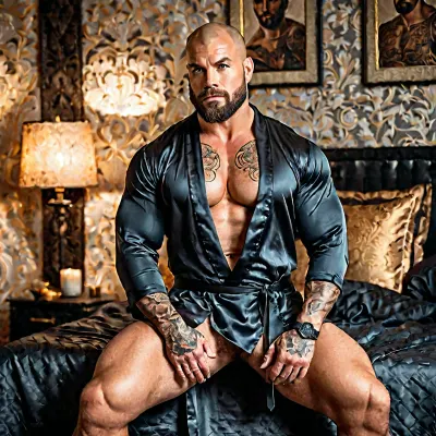 Ultra-realistic boudoir portrait of a massive, muscular man with tattooed chest, arms, and thighs. Strong shaved head, trimmed beard, commanding gaze softened by intimacy. Outfit, dark satin robe hanging loosely off his shoulders, black shorts barely visible beneath, tattoos detailed and visible. Pose, seated on the edge of a bed with dark sheets, leaning slightly forward with elbows on knees, intense eye contact with the viewer. Lighting, warm boudoir glow from a bedside lamp, soft shadows sculpting muscles and ink. Camera, 85mm, eye-level, shallow depth of field, (f/1.8), . Mood, intimate, dangerous, magnetic. Output, 2048x2048 PNG, high detail.