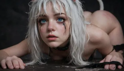 woman, blue eyes, messy mascara, messy makeup, long lashes, (((white hair short messy bangs))), cat eye eyeliner, freckles on face, greek nose, collar bdsm, ripped stockings, submissive, hyperrealism, 4k, fujifilm, award winning photography, flash photography, Dark background, tits out, hairy pussy

dog bowl, face, (black butt plug with black cat tail:1), 4, (black cat tail:1.4), (black cat ears), on all fours, face down ass up, side view, collar and leash, drooling, leashed, collared, leash, <lora:282890_training_data:1.8>, black satin gloves, slap marks on ass, unbuttoned button down shirt