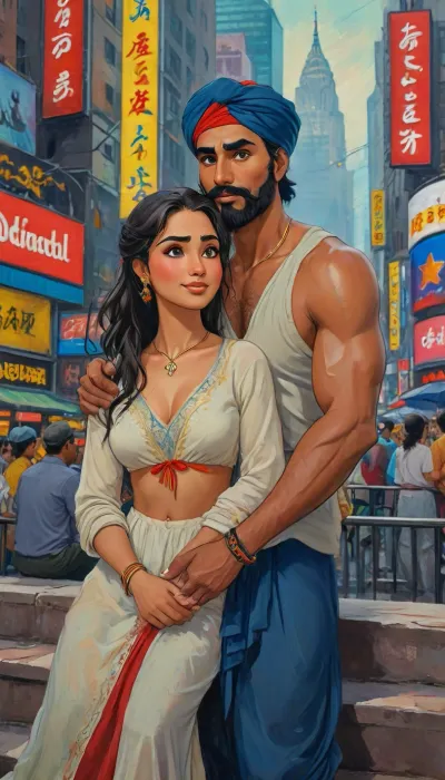 A romantic extremely lifelike hand-drawn illustration of an Indian couple, (one large superhero body male and one petite fit athletic female couple), on streets of cinematic futuristic cyberpunk America New York Time Square. Close-up view, sitting together on steps outdoors. The woman is wearing an elegant saree, with natural breasts, large cleavage, voluptuous fit body type, stylish black-blonde hair style. and the large man is A traditional Sikh man with dignity, wearing a neatly tied red turban, (dastar), a long white kurta with churidar pajama, and a steel kara on his right wrist. He has a full, uncut black beard and mustache, well-groomed, with a calm and confident expression. A small ceremonial kirpan, (sword), is tucked at his side, partially visible. His posture is upright and proud, reflecting grace and strength. They are sitting together playfully, looking directly at the viewer with joy, happy expressions. The large man has his arms wrapped around her neck in a tender embrace, and the woman’s face is breathtakingly beautiful, radiating grace and charm. Their connection is deep and genuine, with the woman exuding beauty and serenity. romantic, poetic, artistic, gufeng influence, extremely lifelike, ink and wash textures, ac_neg1, perfect anatomy, best quality, 8k, insane details, intricate details, hyperdetailed, hyper quality, high detail, ultra detailed, professional, HDR, ray tracing reflection, cinematic lighting, highlydetailedbody, realisticface, highlydetailedhair, insanelydetailed, 8K.highdetailedskin, highresolution, perfectfingers, (j_cartoon:1.5), Drawing, j_cartoon, <lora:transparent-saree:.8>, tyxla, <lora:tyla_juggerX_xl_1_st_wocap-tyxla-000086:1>, <lora:J_cartoon:1.2>, <lora:detailed_notrigger:1>, <lora:Sattar_Bahlulzade:2>