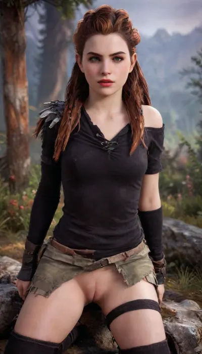 A vampire, (Horizon Zero Dawn), . petite student, stroking himself, Black long Stockings, Only black clothes, (Skinny), Pale skin, ripped revealing clothes, goth, Small tits, full body view, Tinymodel, young, schoolgirl, pretty young, Young girls, 18 years old, perfect face, bright green eyes, cute, closeup, petite body, red lipstick, full body photo, beautiful face, anna, LYING, Aloy, <lora:xl_more_art-full_v1:.4>, <lora:Anna:.4>, <lora:AloySDXL:.5>