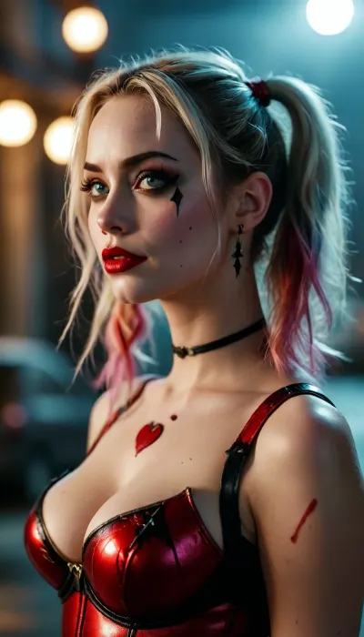 harley quinn, spider-woman, beautiful woman, plump lips, medium breasts, nipples, 5-foot-9-inches, tall, moonlight, lightning, <lora:MJ52:.8>