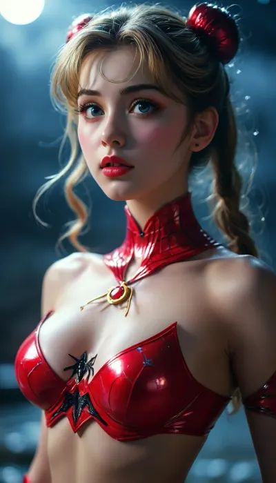 sailor moon, spider-woman, beautiful woman, plump lips, medium breasts, nipples, 5-foot-9-inches, tall, moonlight, lightning, <lora:MJ52:.8>