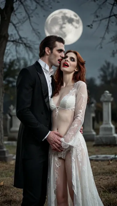 Man and woman, (man vampire with fangs, in graveyard, full moon, black three piece suit, romantic suit), (woman ghost, lace white dress, down panties, show nipples, show hairy pussy), fucking, Doggystyle, Cumming, raw, detailed, eyes, perfect, freckles, skin, texture, photorealistic, <lora:580159_training_data:.8>, photo, in, phst, artstyle, <lora:SDXL1.0_Essenz-series-by-AI_Characters_Style_BetterPhotography-v1.2-'Skynet':.8>, <lora:CinematicStyle_v1:.8>, <lora:epicNewPhoto:.8>, <lora:style_lora_realis:.8>