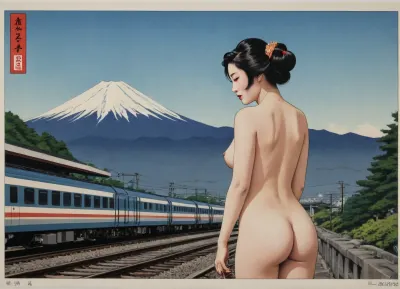 a japanese wood block print of a picture of a naked geisha with a shinkansen E700 train passing behind her and mount fuji in the distant background