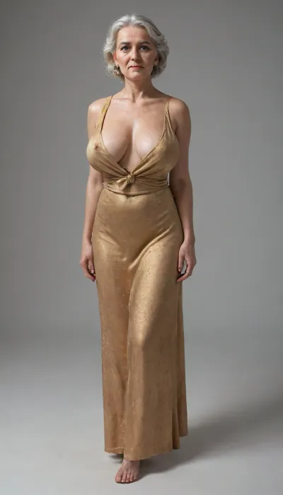 (((a full body view))), With 4 m of setback, looking at the viewer, a beautiful 69-year-old Swiss woman, stunning and sexy, fine features, messy black bobbed hair, pretty face, (gilf:1.3), (granny:1.2), huge bare breasts
