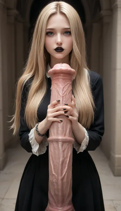 Gorgeous voluptuous young blonde goth, black lipstick, massive breast implants, enormous breasts, long hair, black manicure, massive equine cock on her face, flared spiked equine cock, huge equine penis, huge veined penis, cum drip, full body view, full equine in view, equine cock worship, she is in love with equine cock