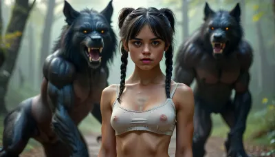 Ultra photorealistic, 8k, high detail, tanned gothic petite Mexican girl 18 years old with a young face standing on the path, next to a huge muscular werewolf, huge muscular torso of a monster, hairy bulges of monster muscles, growling monster, monster and fragile girl, she is in the foreground, she is visible completely, full-length view, view of the face, view of the girl's pussy, view of the hips, the girl is barefoot, tanned skin of the girl, skin without scars on the girl, silky smooth natural skin, ultra-detailed skin, the girl has very black hair, small thin braided pigtails, detailed facial skin, tanned facial skin, oblong face, narrow long face, proportional face, pronounced bridge of the nose, thin eyebrows, brown eyes, perfect eyes, perfect pupils of the eyes, high cheekbones, clearly defined chin, stern piercing look, plump lips, black lipstick, perfect small breasts, natural breasts, heavy breasts, dark areolas, hard erect nipples, narrow shoulders, narrow sternum, plump pussy, protruding pussy, furry pubic mound with soft pubic hair, very small waist, rounded athletic hips, perfect slim figure, her hands on her hips, 5 perfect fingers and toes, plump protruding tummy, slender legs, she is completely naked, completely without underwear, absolutely no clothes, cinematic frontal lighting, ultra-realistic, masterpiece, in a dark foggy forest at night, giant full moon, w3dnesday, braiding hair, pigtails, EdobWerewolf, <lora:w3dnesday_100:1.9>, <lora:uberfit_lora_sdxl:.3>, <lora:BUT_SDXL_SHS:.7>, <lora:MJ52:1.5>, <lora:EdobWerewolf_XL_v1.0:1.7>