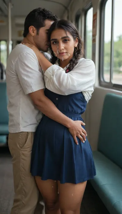 Young Girl, (Indian bengali girl, 22 years old, 2 braids, thick thighs, schoolgirl dress, covered in cum, woman, on, face), standing in a bus, hugging each other, cum, on, face, south, indian, woman, <lora:JustCum:.9>, <lora:1476432_training_data:1.4>, <lora:indian_XLwoman-000001:1.4>