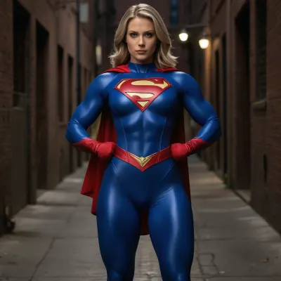 SUPERGIRL TRYING ON HER BRIGHT BLUE COSTUME FOR THE FIRST TIME, (((Her supersuit is stretched to the limit by her huge, bulging muscles))), (hypermuscular:1.3), . She is in an alley, in awe of her new look, (((Her muscles are huge, bulging, and vascular))), A beautiful 22-year-old girl is now the Supergirl of her dreams. She is wearing a tight, shiny blue jumpsuit. She has the super s icon on her chest. Shiny red boots and a cape. She transforms into a muscular superheroine., (((She now has the muscular physique better than that of a professional heavyweight bodybuilder))), (((Her arms are normal length. They are extremely muscular. Her hands are normal size)))