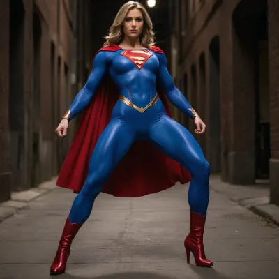 SUPERGIRL TRYING ON HER BRIGHT BLUE COSTUME FOR THE FIRST TIME, (((Her supersuit is stretched to the limit by her huge, bulging muscles))), (hypermuscular:1.3), . She is in an alley, in awe of her new look, (((Her muscles are huge, bulging, and vascular))), A beautiful 22-year-old girl is now the Supergirl of her dreams. She is wearing a tight, shiny blue jumpsuit. She has the super s icon on her chest. Shiny red boots and a cape. She transforms into a muscular superheroine., (((She now has the muscular physique better than that of a professional heavyweight bodybuilder))), (((Her arms are normal length. They are extremely muscular. Her hands are normal size)))