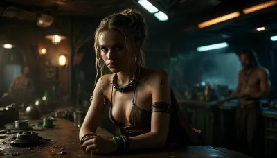 Star Wars Style, full body view of a female slutty girl, silent smile, offering her flat-chested body, crawls over messy table, in a messy crowded alien bar, inside Spaceship, slender, slim waist, blonde matted dreadlocks, perfect pussy, tanned skin, ultra realistic skin, lucky charm necklace, opened beautiful brown leather belt, highly detailed opened Jedi costume, opened Jedi toga, perfect face, perfect hands, glass on table, extremely steaming green liquid, 8k, high resolution, TIE, fighter, cloudy, smoke, atmospheric, clouds, fog, <lora:TIE fighter:.6>, <lora:MJ52:.9>, <lora:Cloudy_Style:.7>, <lora:add-detail-xl:.8>, <lora:dark:.2>