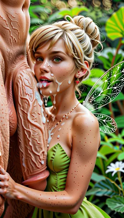 score_9, score_8_up, score_7_up, Disney, adult woman, naked woman, medium breasts, (detail gigantic cock:1.5), (gigantic size difference:1), cum on face, cum on mouth, cum on throat, Tinkerbell, 25 year old, fairy wings, micro-dress, slutty green panties, sexy dress, sexy pose, (flatchest), focus on face, frontside view, looking at viewer, forest many flowers, illuminating Tinkerbell igbaddie, Tinker-Bell, <lora:MJ52:.8>, <lora:Cine Princesses:.8>, woman, cum, on, face, <lora:JustCum:.8>, <lora:678016_training_data:.8>