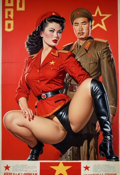 Pov photo, Instagram model face, Asian, ((Korean)), bimbo, (((((North Korean Communist))))), ((Juche)), patriotism, wet sweaty body, big text on poster, sweaty body, (((rubber tight soviet military uniform 50's))), (((old soviet military poster, pin up 1940's))), (((Pin up. Movie poster 1950's))), ((german army rubber uniform)), stockings, fat red lips, Photography, photorealism, a beautiful army woman, tall, beautiful perfect figure, long hair, Knee-high boots, perfect tall legs, charming eyes, sad yet gracious face, dark background, fantasy art capturing the style of Aaron Horkey, Jeremy Mann and Luis Royo, body-focused composition from a low angle, alluring figure, dark fantasy, dynamic composition, black white photo 1950's, red lipstick, warm hues, showcases acrylic calligraphy, watercolor techniques integrated seamlessly into a maximalist masterpiece, detailed with gouache fluidity, golden hour light, hyperrealism, hypperrealistic, hyperdetailed, 64k, ultraHDR, Movie, Poster, page, <lora:Movie Poster:.5>, <lora:Pussy_pants_nohands_D03_realvizXL2_bucket_01-000010:.5>