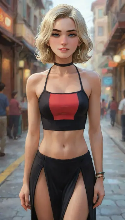 Andava, Andavaverse, Milena Mibreoo, Russian Exchange Student At Trilixia High School, Height, 5'6".A confident, stylish girl stands at the front of an Modern House, She's wearing a bold, vibrant red halter-neck bodycon dress with dramatic side and front cut-outs that reveal her waist and midriff. The dress is form-fitting and extends to mid-calf length. Her hair is sleek, makeup polished, and her pose radiates bold attitude, smiling. Bright natural light from windows, modern suburban setting, close-up shot, cinematic movie vibe.

She has a delicate oval face, with soft contours and a youthful, symmetrical structure.Her aqua eyes are almond-shaped, slightly wide-set. They are expressive and often highlighted with natural or subtle glam makeup, Eyebrows, Well-groomed, natural arch, medium thickness framing her eyes gently and adding definition to her face.Nose, Small to medium-sized, straight, with a subtle slope proportionate to her facial structure. It does not dominate her face and complements her delicate features.Lips, Full and well-defined, often appearing with a natural pink or soft red tone. Her lips have a subtle Cupid’s bow and are naturally expressive. Full set of braces on full set of teeth. Skin Tone, Fair to light, with a smooth and even complexion, sometimes glowing or dewy in outdoor light. Hair Color, Naturally brown-blonde, often styled with blonde highlights or balayage.Length, Usually long, often reaching past her chest, with soft waves or loose curls. Hair Style, Typically styled in an effortless, aesthetic way parted in the center or slightly off-center, sometimes tucked behind one ear or flowing freely in motion.Hourglass Body Build, Slim and petite, but with balanced proportions not overly thin, with healthy muscle tone.Arm Shape, Toned but slender, with a graceful curve at the biceps and forearms.Skin, Smooth, fair-toned, Movement, Often shown in fluid motion.Legs and Thighs, Slim and proportionate, with gentle muscle definition from movement. Not overly muscular, but not soft either a healthy tone.Legs, Long relative to her frame, giving her a graceful appearance in motion. Knees are naturally smooth, and calves are defined but not bulky.

Fit body, Accentuates her waist and hips, that shows her legs in motion.Posture, Graceful and confident, suggesting good core strength and flexibility.Accessories, a choker, bracelets, small earrings.

perfect anatomy, best quality, 8k, insane details, intricate details, hyperdetailed, hyper quality, high detail, ultra detailed, professional, HDR, ray tracing reflection, cinematic lighting, highlydetailedbody, realisticface, highlydetailedhair, insanelydetailed, 8K.highdetailedskin, highresolution, perfectfingers, (j_cartoon:1.5), Drawing, jordyn, jones, Jorjon, open, mouth, closed, smiling, teeth, smirking, makeup, <lora:jordyn-jones-biglust16:1>, <lora:detailed_notrigger:1>, <lora:samdoesarts1.1-000030:.4>, <lora:J_cartoon:.3>, <lora:Animated_Concept:.4>