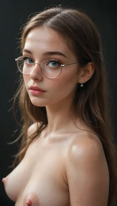 young beautiful Jewish girl 19 yo, freckles on face, big space eyes, long tall hair, big long eyelashes, moles freckles spots all over body, (puffy nipples), pretty face, simple makeup, big thin round glasses, big round eyes, top view, side view, ((shiny shiny boobs))