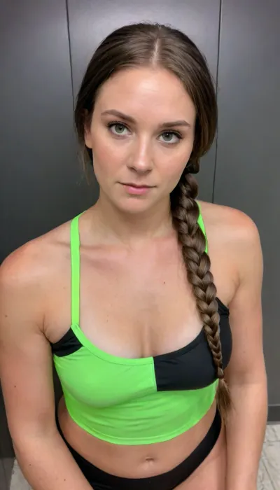 Amateur, swimsuit, wet, shiny, hoe, whore, cheating, affair, (is just making a braid:1.7), seducing milf Body, Quickie, Close, 45yo, raw, analog, Ultra HD, full Body view, fresh face, ultra Sexy normal wife, horny, wearing a one-piece swimsuit, school swimsuit, competition swimsuit, Sport swimsuit, Standing Close to viewer, (inside tight changing room:1.2), submissive pov, (view from above:1.5), very realistic, Hands on hips, wet skin, wet clothes, wet Hair, (black thick full Hair:1.6), pale skin, real skin, shiny swimsuit, good hands, good face, full hips, great Rack, detailed, cold light from above, cold skin, exhausted, blushed, wet after swimming, (inside a realistic changing room:1.2), braless, Wearing, clothes, that, make, sense, with, Braless>, green, eyes, blue, brown, perfecteyes, <lora:bralessSDXL_v1_00022:.8>, <lora:PerfectEyesXL:1.6>