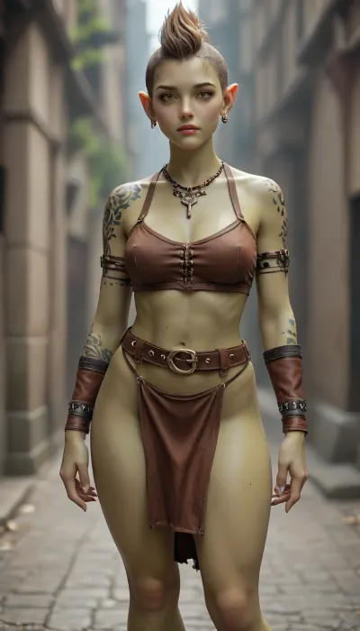 A female goblin, 25 years old, with typical goblin features, high cheekbones, sharp features, long elven ears, a long, hooked nose, yellow eyes with a black vertical pupil, (green skin:1.4), numerous tattoos and war paint. She has a dense build, medium-sized breasts, medium-sized buttocks, and wide hips. She wears necklaces of bones and colored stones, (and leather bracers. She wears a leopard skin loincloth:1.3), a wide leather belt with metal rivets, and a metal pauldron with a strap on her left shoulder., undercut, mohawk, shaved, curvaceous, <lora:undercut_sd15_640x8:.8>, goblin, girl, <lora:goblin_lora:.8>