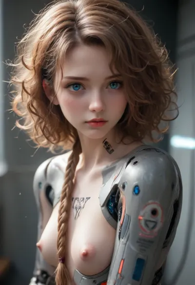 A masterpiece, the highest quality, stunning quality, 4K, very aesthetically pleasing, high resolution, ultra-detailed, absurd, realistic, photo, dramatic shadows.

1 girl, solo, cyborg, biomechanics, (robot joints), bare breasts, stomach, and pubic area.

Nude. Instrument tattoos on the body. The rest of the body is metal. Mechanical limbs, mechanical arms, (description lines:1.2), lightweight, young cyborg woman, crack on face, translucent body, (short glowing pink curly hair braided:1.2), blue eyes, girls from the side, girls on faces, neon, (mechanical parts, high-tech futuristic), (black and blue cybernetic suit:1.2), cables, wires, cyborg body parts processing, blue light, modern portrait photo, portrait, focus on the whole body, dutch angle, (light particles:1.2), bright lighting, dark cyberpunk background, BREAK, detailed eyes, creating depth of field, photo realistic details. A girl flies in zero gravity of a spaceship. dutch angle.