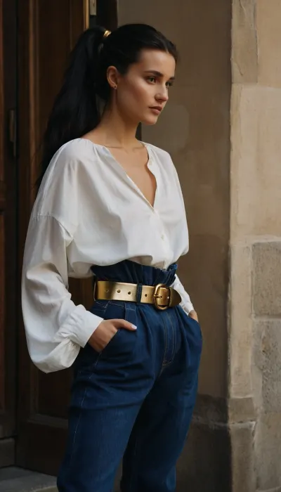 dark blue baggy paperbag slouchy jeans, very long hair, gold belt, prague, slouchy style, ponytail, black hair, white blouse