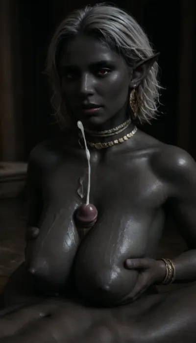 (dark background:1.87), (transparent oil:1.7), (small cock:1.74), (oiled cock:2), (small tits:1.4), (saggy titfuck:1), (tittyfuck:1), (titfuck saggy tits:1), (milf titfuck cumshot:1.49), (cum on tits:1), (titfuck:1), (cumshot onto neck:1.75), cum dripping, cum pooling, translucent cum, (muscle tone:1.7825), ((in a fantasy setting, in a Roman bathhouse)), ((is a female drow smalltits:2.971), milf.

She has, ((long, decorated, white hair:1.42)), , , and, (red eyes), , , jewelry:1.9), (ancient jewelry:1.8), (bronze age jewelry:1.5), (jewelry with gems:2), (gold bracelets), .

She has rough, (black-grey skin:3.5), .

She is 190cm tall and has a, (toned arms:2), (muscular build), (vegetable oil:1.3), (tits covered in vegetable oil:1.1), (oiled titties), (veiny tits porn:2.3772), (oiled tits), (oiled breasts), (dripping:1.4), (small breasts:4.3691), (puffy nipples:1.78), (small saggy tits:2.98), (wet tits), (oiled puffy nipples:1.3), (puffy areolas:1), (large areolas:1.6), (torpedo tits:1.71), (extreme puffy nipples:1.83), (pointy tits:1.41), (saggy breasts:1.991), .

She has an, (indulgent smile:.8), (pointy ears:1.3), orgasm, slight smile, cum between tits, (cupping breasts), (squeezing tits:1), cumshot, (veinyonez:2), pregnant titfuck, ssahc, wearing, (veiny:1), breasts, (veins:1), <lora:add-detail-xl:1.7>, <lora:titfuck_SDXL:.8>, <lora:ahxl_v1:2>, <lora:dark:1.3>, <lora:SaggyBreasts:.5>