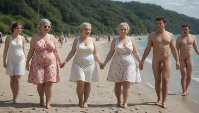 (very old obese granny in floral sundress), hair bow, is walking down the beach, holding hand of, (slim naked man with flaccid cock), surrounded by group of young naked men and women in sundresses, . Looking into eyes. Happy. Sunny day.