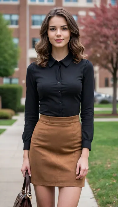 20-year-old woman, girl-next-door-face, brunette hair, (wavy medium length hair), perfect slim slender body, large breasts, wearing, (black designer blouse with classic collar), (brown suede skirt), standing on a college campus, confident smirk