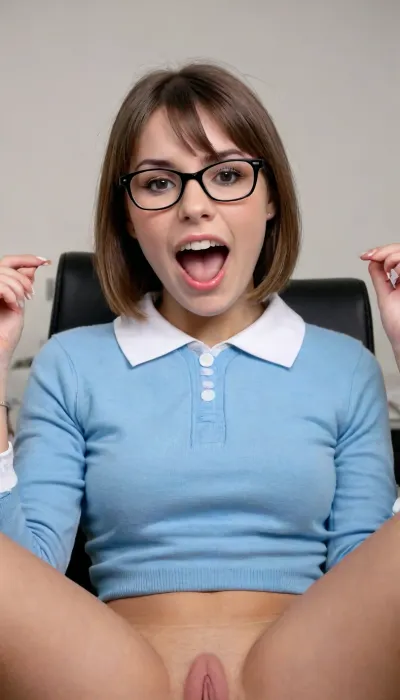 from above.porn.classroom, office chair, cute adorable nerdy seductive smart young 18yo French female secretary skinny body, ((straight bobcut hair)), alluring nerdy eyes with glasses, happy open mouth orgasm with, (metal dental braces), wearing her blue slim crop sweatshirt, white smart shirt with a white collar and white shirt longsleeves, white pencil skirt uplifted, masturbation, vagina hands upskirt, visible vagina, fingering vagina, inserting a dildo in her vagina., ((fucking her dildo in her vagina)), vagina fuck