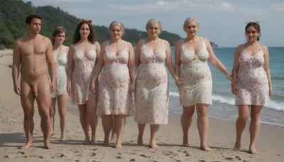 (very old obese granny in floral sundress), hair bow, is walking down the beach, holding hand of, (slim naked man with flaccid cock), each, surrounded by group of young naked men and women in sundresses, . Looking into eyes. Happy. Sunny day.