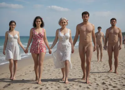 (very old obese granny in floral sundress), hair bow, is walking down the beach, holding hand of, (slim naked man with flaccid cock), each, surrounded by group of young naked men and women in sundresses, . Looking into eyes. Happy. Sunny day.